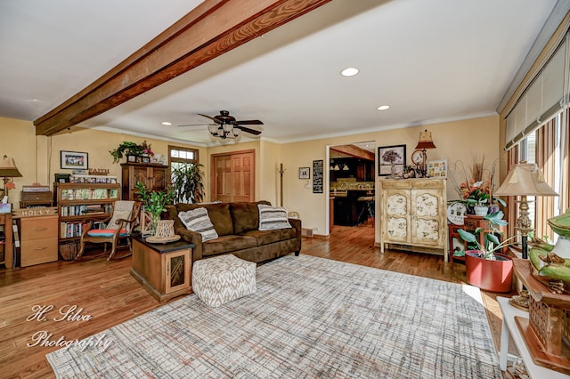 living room with beamed ceiling, crown molding, and light hardwood / wood-style flooring