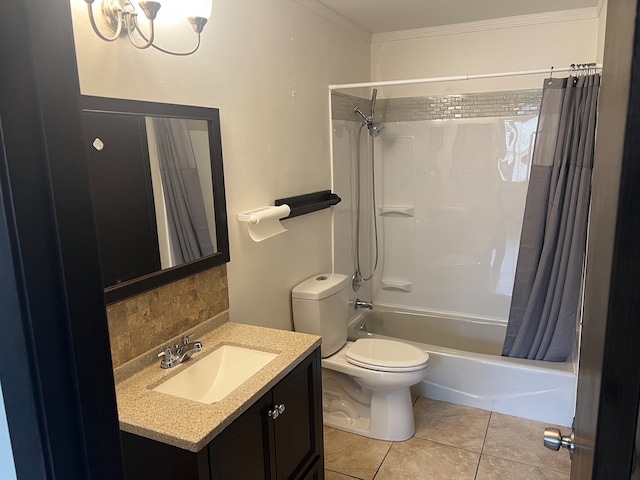 full bathroom featuring tile patterned floors, vanity, shower / bath combo with shower curtain, crown molding, and toilet