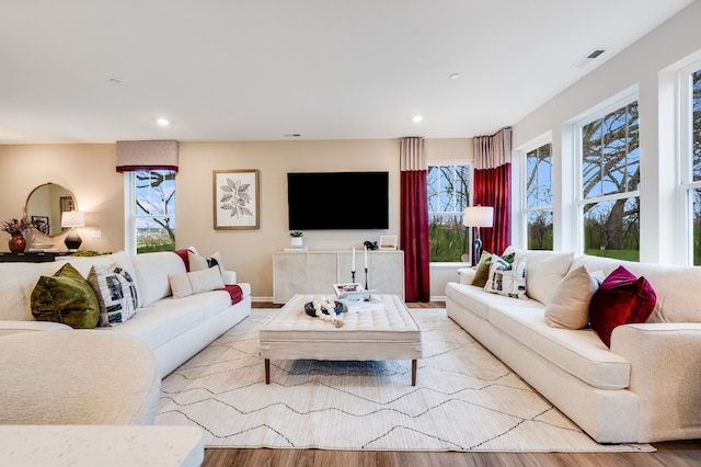 living room with light hardwood / wood-style flooring