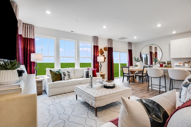 living room with light hardwood / wood-style flooring