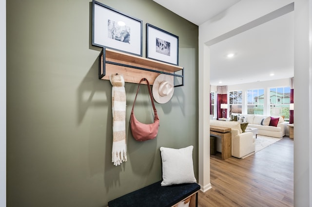 mudroom with light hardwood / wood-style flooring