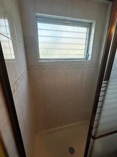 bathroom with vanity, an enclosed shower, and toilet