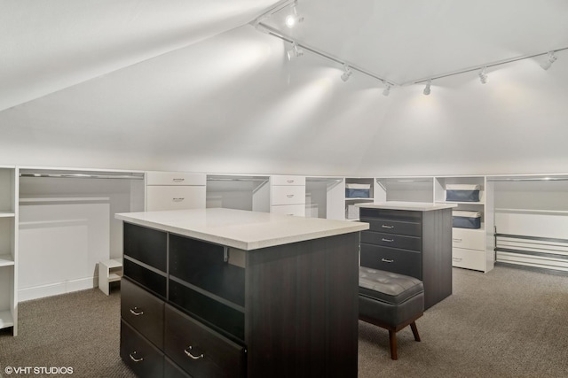 spacious closet with lofted ceiling and dark colored carpet