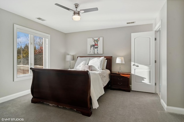 carpeted bedroom featuring ceiling fan