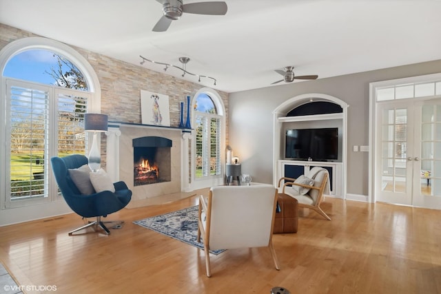 living room with a fireplace, rail lighting, light hardwood / wood-style floors, and a wealth of natural light