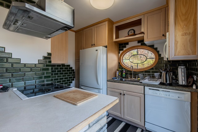 kitchen with sink, decorative backsplash, white appliances, and exhaust hood