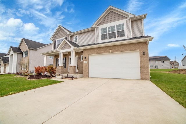 craftsman inspired home featuring a front lawn and a garage