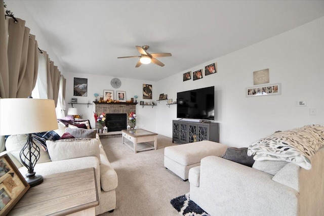 26864 W Wedgewood Ln, Channahon, IL 60410 - carpeted living room featuring a ceiling fan and a fireplace