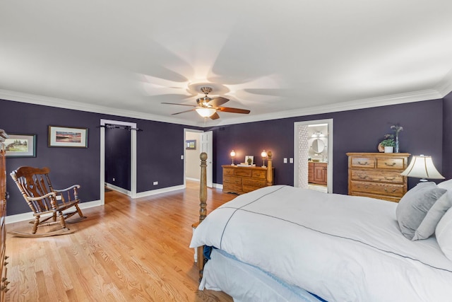 1310 Yorkshire Woods Ct, Wheaton, IL 60189 - bedroom featuring light wood-style floors, crown molding, ceiling fan, and ensuite bathroom
