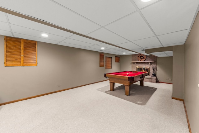 1310 Yorkshire Woods Ct, Wheaton, IL 60189 - game room featuring a drop ceiling, carpet, billiards, a brick fireplace, and recessed lighting