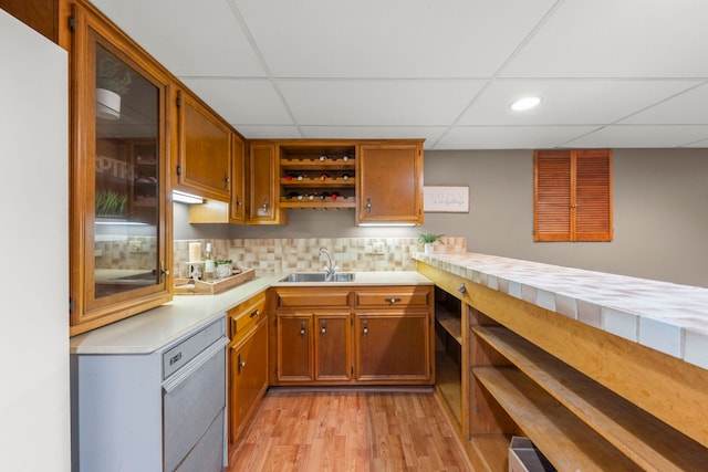 1310 Yorkshire Woods Ct, Wheaton, IL 60189 - bar featuring a paneled ceiling, light wood-style flooring, decorative backsplash, and recessed lighting