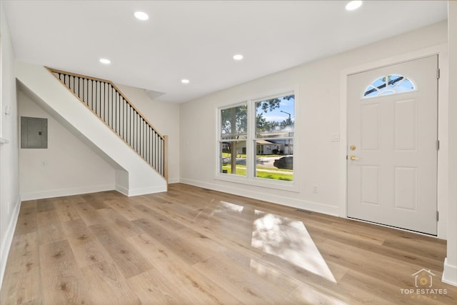 foyer featuring light wood-type flooring and electric panel