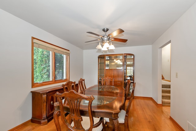 dining space featuring ceiling fan and light hardwood / wood-style flooring