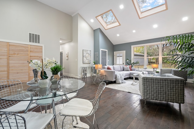 dining space featuring a skylight, high vaulted ceiling, and dark wood-type flooring