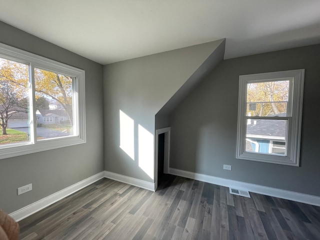 additional living space with dark hardwood / wood-style flooring and a healthy amount of sunlight