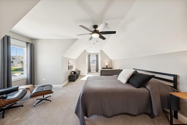 bedroom with ceiling fan, light carpet, pool table, and vaulted ceiling