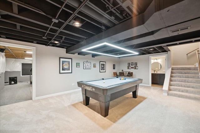 recreation room featuring light carpet and pool table