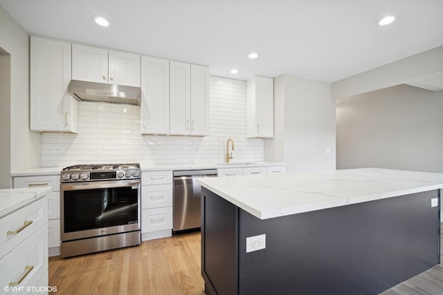 kitchen featuring a center island, sink, appliances with stainless steel finishes, light hardwood / wood-style floors, and white cabinetry