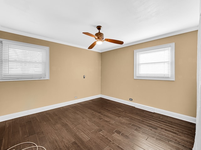 unfurnished room with ceiling fan, crown molding, and dark wood-type flooring