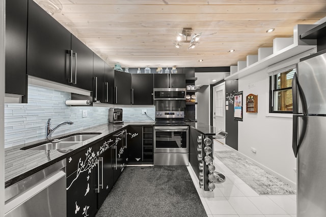 kitchen featuring decorative backsplash, sink, wood ceiling, and appliances with stainless steel finishes