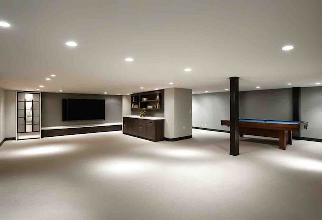 basement with light carpet and billiards