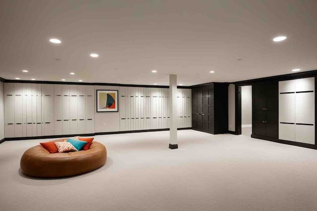 basement featuring light carpet