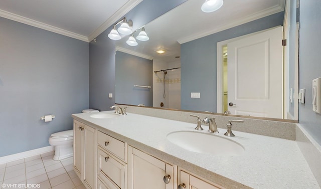 bathroom featuring vanity, tile patterned flooring, toilet, ornamental molding, and walk in shower