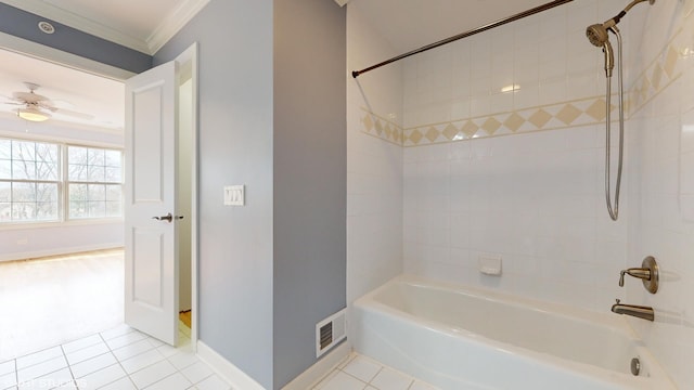 bathroom featuring tile patterned floors, ceiling fan, ornamental molding, and tiled shower / bath combo