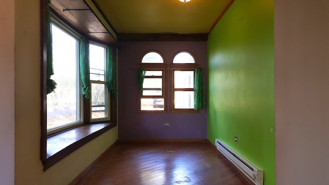 spare room with a baseboard radiator and dark hardwood / wood-style floors