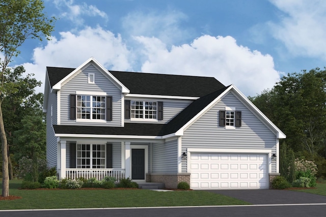 view of front of home with covered porch, a garage, and a front lawn