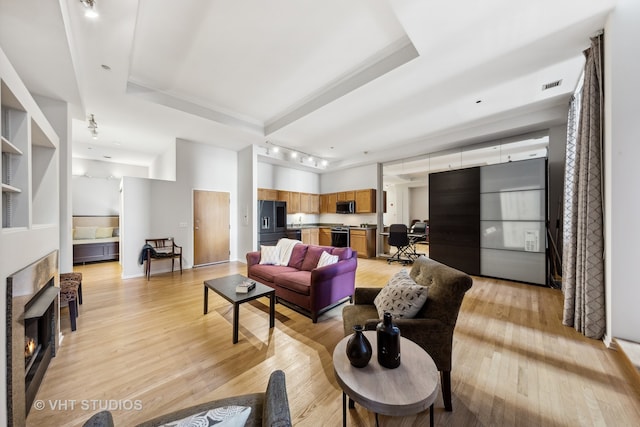 living room with light wood-type flooring and a tray ceiling