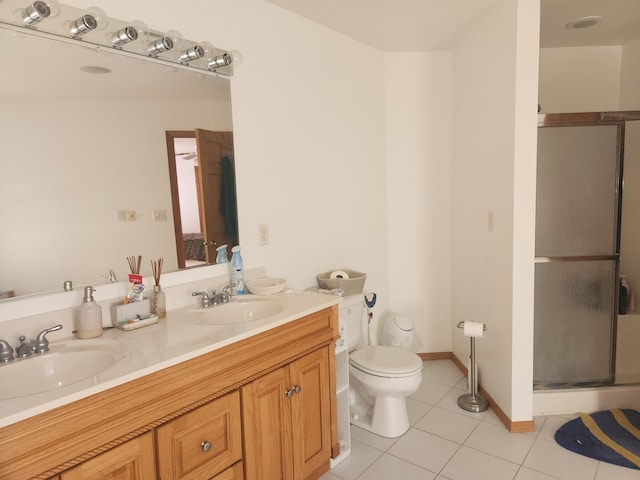 bathroom with tile patterned floors, vanity, toilet, and an enclosed shower