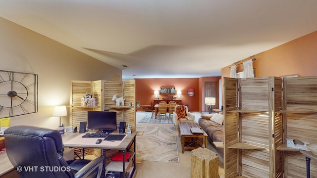 living room with carpet and lofted ceiling