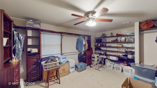 storage room with ceiling fan