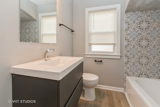 bathroom with vanity, wood-type flooring, and toilet