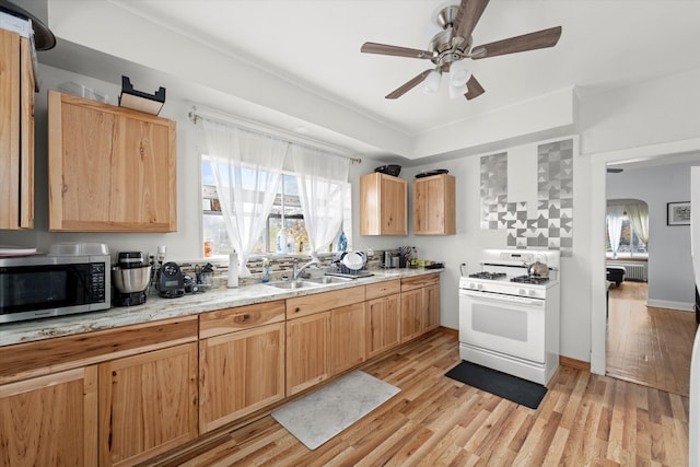 kitchen featuring white range with gas stovetop, light hardwood / wood-style flooring, ceiling fan, and sink