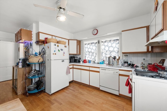 kitchen with tasteful backsplash, white appliances, ceiling fan, light hardwood / wood-style floors, and white cabinetry