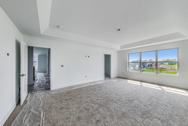 carpeted empty room with a raised ceiling