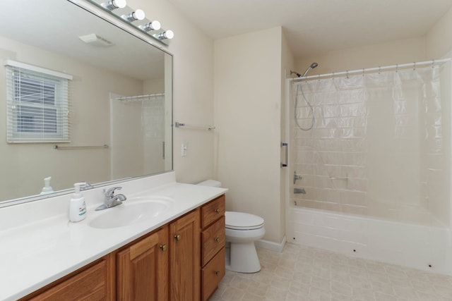 full bathroom featuring vanity, toilet, and shower / bathtub combination with curtain