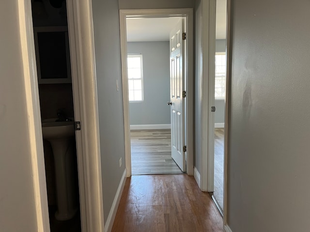 hallway with hardwood / wood-style flooring