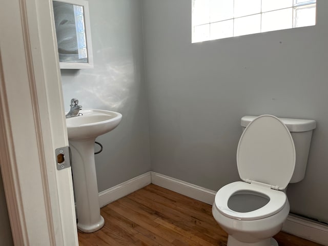 bathroom with wood-type flooring, toilet, a healthy amount of sunlight, and sink