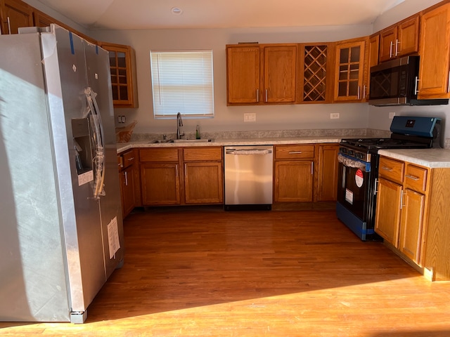 kitchen with appliances with stainless steel finishes, light hardwood / wood-style floors, and sink