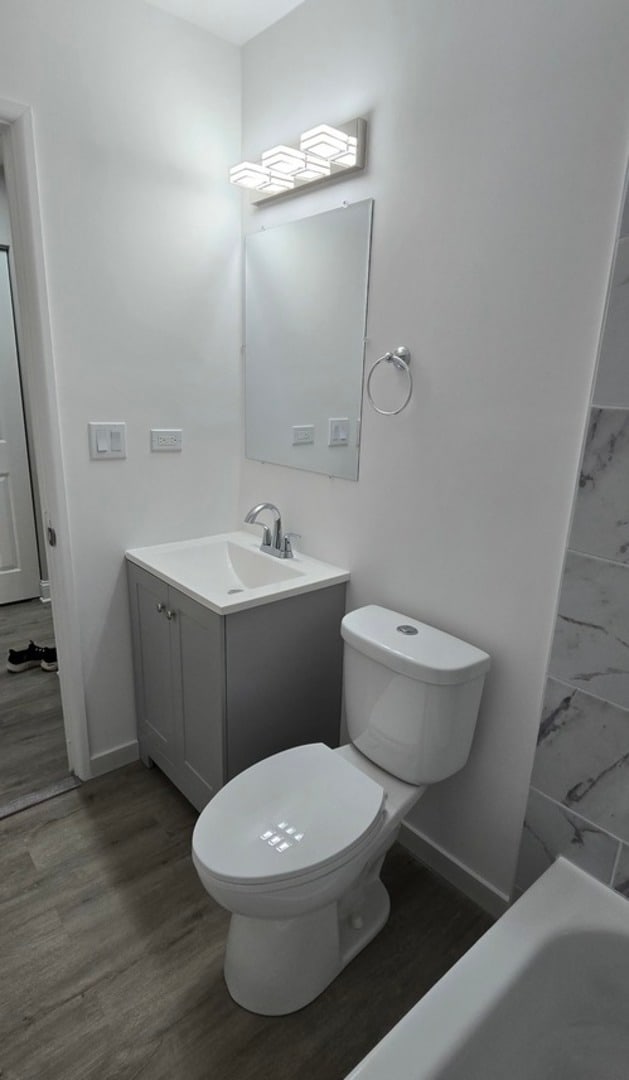 bathroom with a bathtub, vanity, wood-type flooring, and toilet