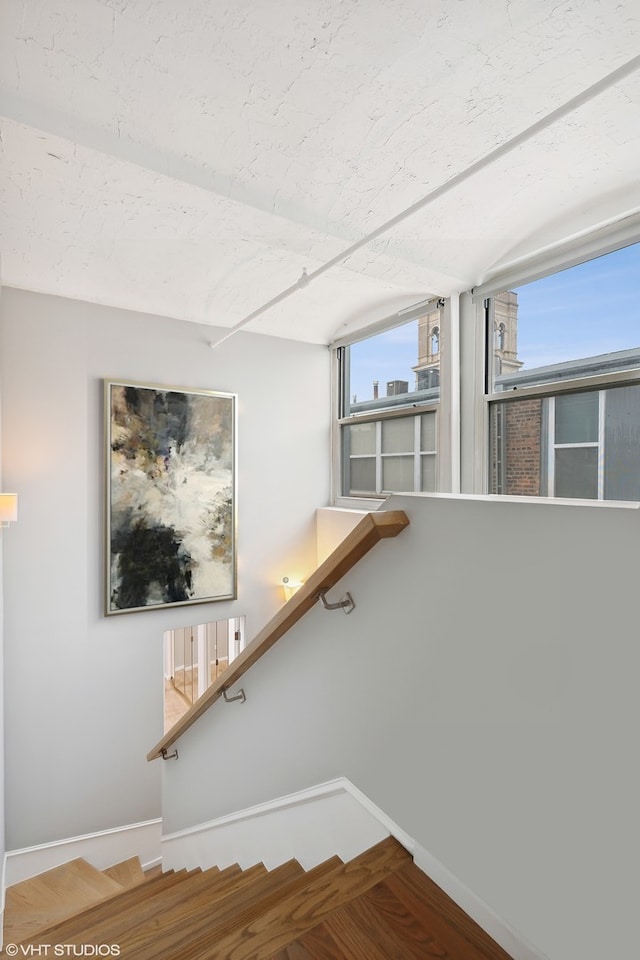 stairway with hardwood / wood-style floors