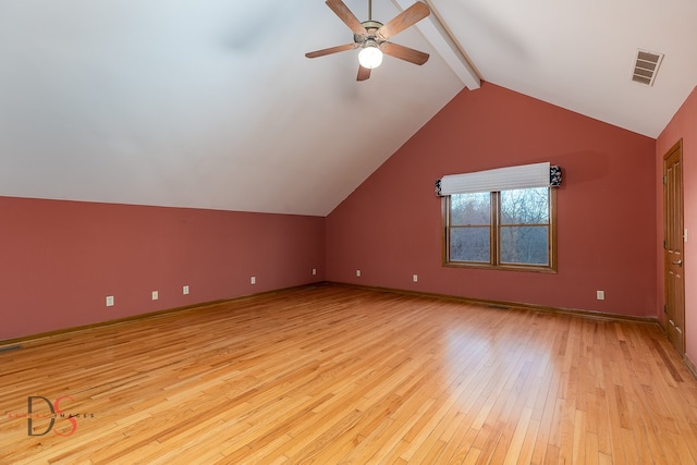 bonus room with lofted ceiling with beams, ceiling fan, and light hardwood / wood-style flooring