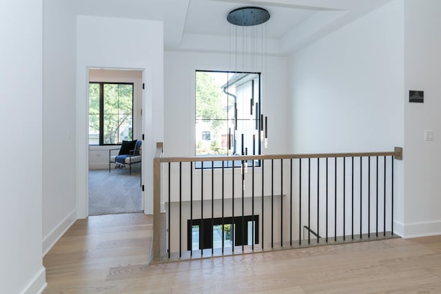 hallway featuring a tray ceiling and light wood-type flooring