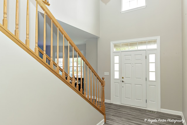 foyer entrance with a high ceiling and dark hardwood / wood-style flooring