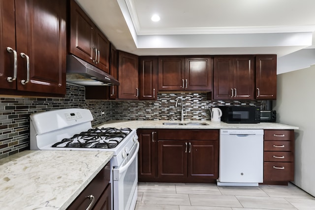 kitchen featuring white appliances, tasteful backsplash, ornamental molding, and sink