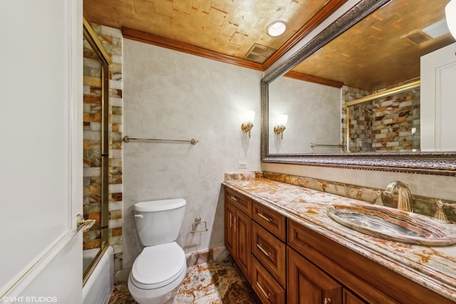 full bathroom with combined bath / shower with glass door, vanity, toilet, and crown molding