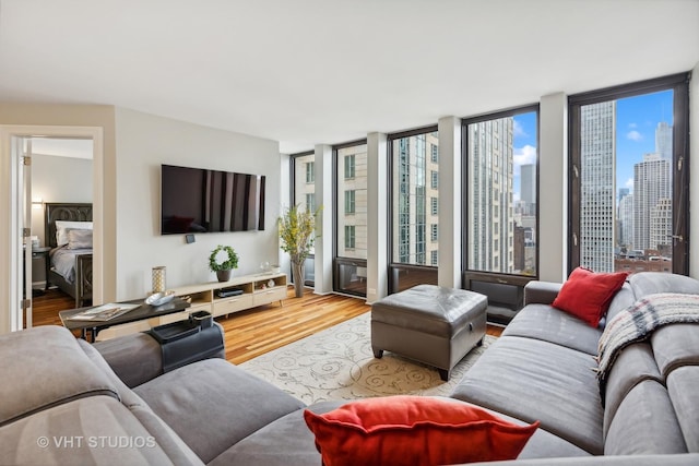 living room with hardwood / wood-style flooring and expansive windows